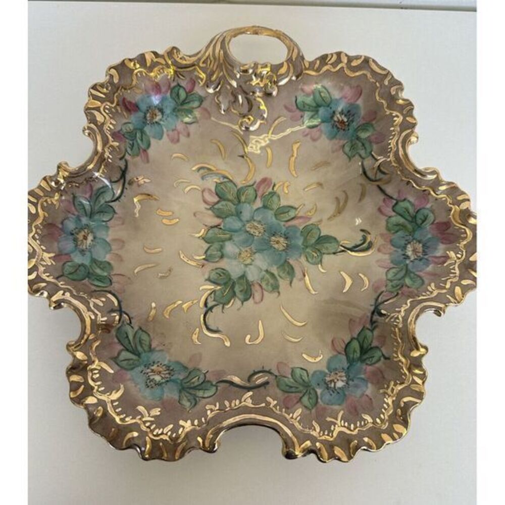 Vintage Heavy Gilt Flowers Bowl Hand‎ Painted & Signed No Other Marks See Photos
